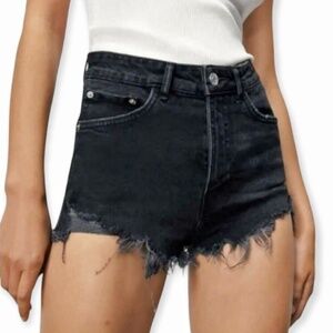 Zara Factory Distressed Shorts 5-Pocket Denim Dungaree Black High-Rise Branded